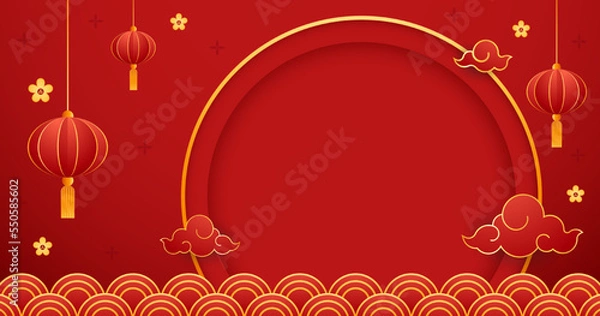 Fototapeta Happy Chinese new year 2023. Chinese new year banner with circle for show product. Greeting card. China frame with lantern on red background.