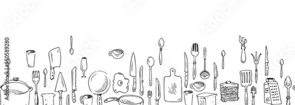 Fototapeta Kitchen tools for cooking. Bottom seamless border. Accessories, knives and miscellaneous. Outline hand drawn sketch. Drawing with ink. Isolated on white background. Vector.