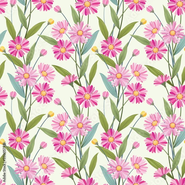 Fototapeta blooming sweet pink color flowers with green leaf on yellow color background seamless pattern.