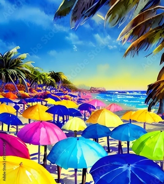 Obraz The sun is shining brightly and the waves are crashing onto the shore. The beach umbrellas are colorful and there is a blue sky.