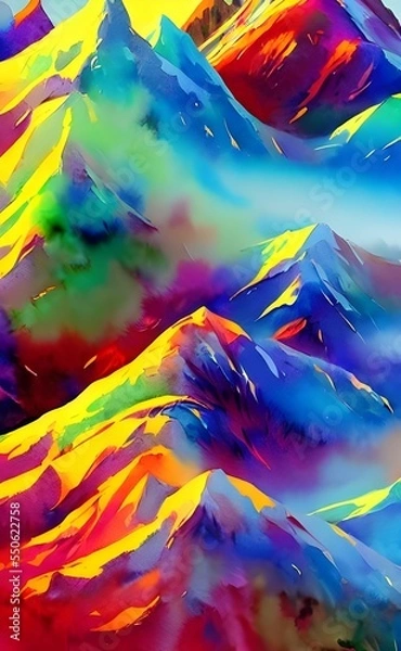 Obraz I am looking at a painting of mountains in watercolor. The mountains are many different colors, including shades of purple, pink, blue, and green. The sky is a light blue color.