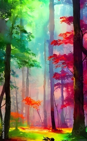 Fototapeta A colorful forest watercolor painting is of a tall, dense forest with trees that have green leaves. The ground is covered in fallen leaves of various colors: yellow, orange, red and brown. A small str