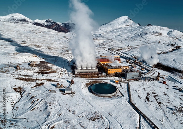 Obraz Aerial view to geothermal power plant in mountain. Clean green renewable energy in Kamchatka.