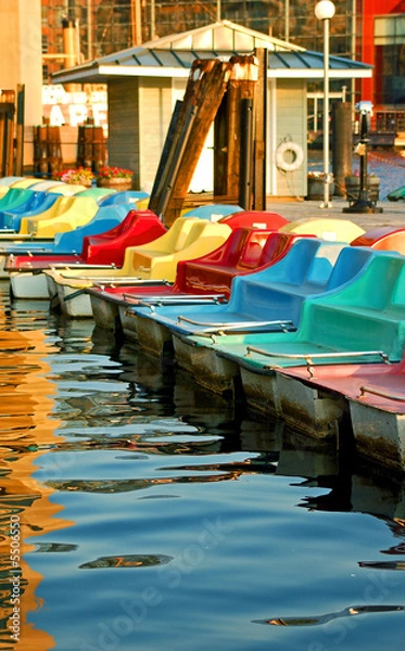 Obraz Row of bright paddle boats on the water