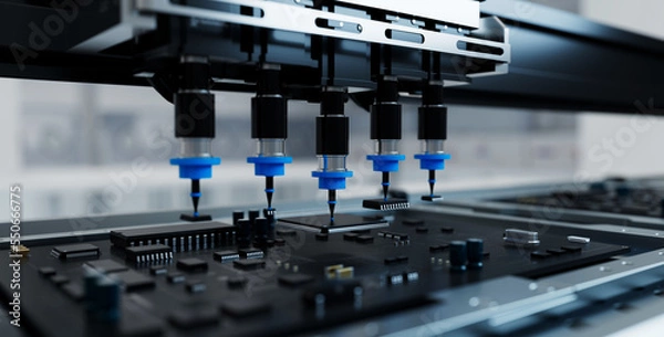 Fototapeta microelectronics production. 3D illustration on technology and chip production