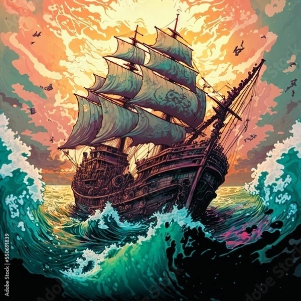 Fototapeta Ship navigating through strange ocean