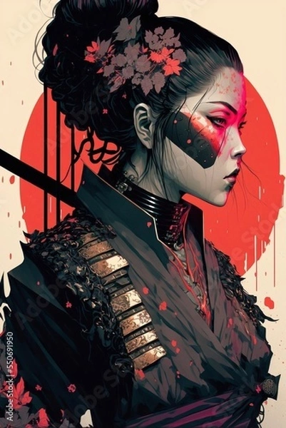 Fototapeta portrait of beautiful cyberpunk as a samurai