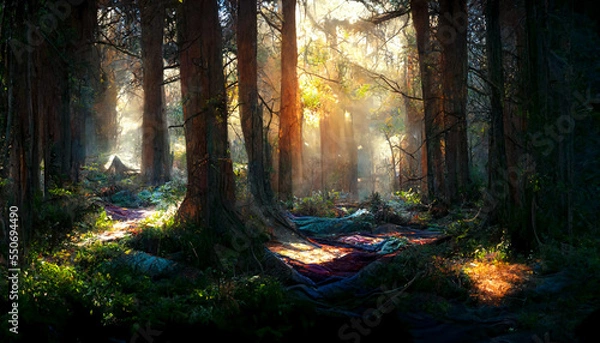 Fototapeta sun rays through forest