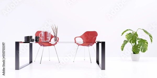 Fototapeta red chairs and glass table 3d rendering