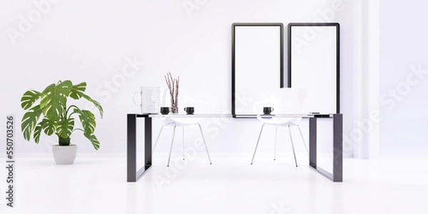 Fototapeta interior of a kitchen with blank frames 3d render 