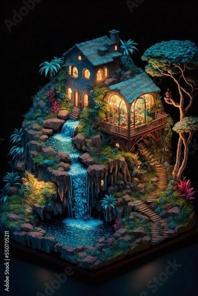 Fototapeta surreal tiny waterfall house isometric diorama