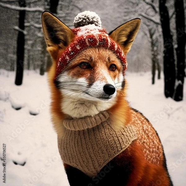 Fototapeta trail cam photo of fox wearing red white sequined Christmas-sweater