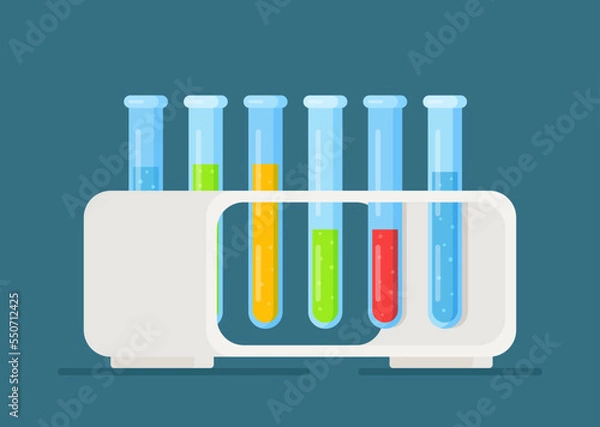 Fototapeta Glass test tubes with different substances. Vector illustration of test tubes in a rack. Conducting an investigation. 