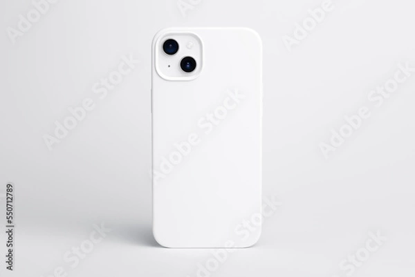 Fototapeta high quality starlight iPhone 14 Plus white phone case mock up, smartphone isolated on gray background back view