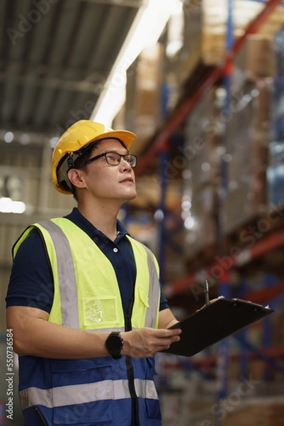 Fototapeta Vertical Portrait of Asian man warehouse supervisor working distribution warehouse to and managing inventory and logistics. Industrial inspector working in factory place.