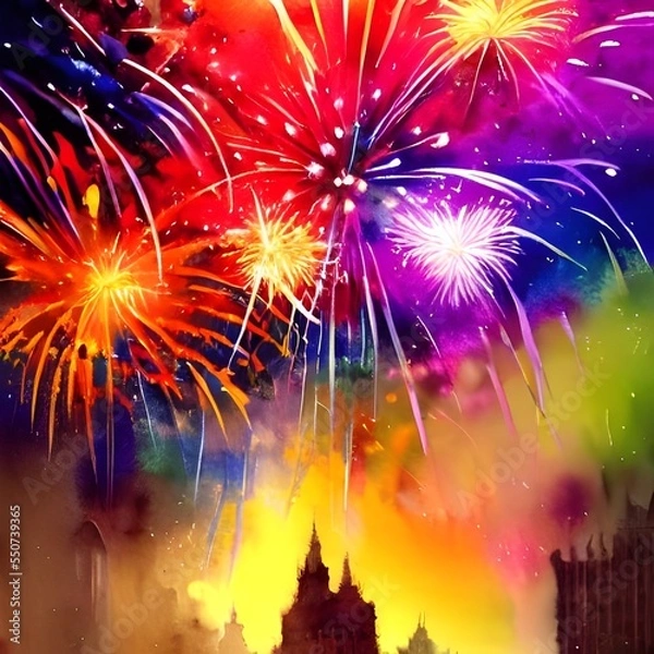Obraz I am watching the new year's fireworks with my family. We are all huddled together on a blanket, cheering as the vibrant colors explode in the sky. The air is thick with excitement and happiness.