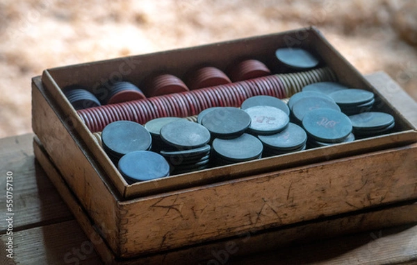 Obraz Antique box of poker chips for card games and wagers