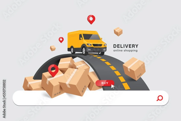 Obraz Yellow delivery van is parked on the road and below are stacked parcel boxes or cardboard