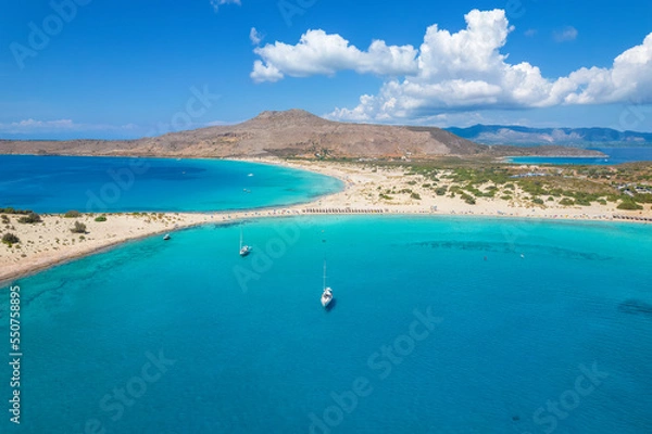 Fototapeta Aerial view of Simos beach in Elafonisos. Located in south Peloponnese elafonisos is a small island very famous for the paradise sandy beaches and the turquoise waters