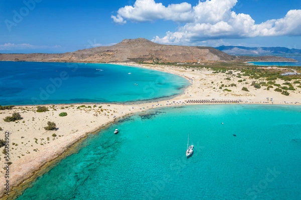 Fototapeta Aerial view of Simos beach in Elafonisos. Located in south Peloponnese elafonisos is a small island very famous for the paradise sandy beaches and the turquoise waters