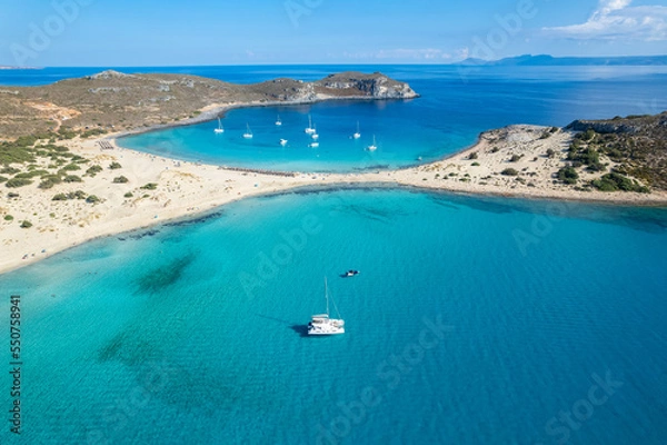 Fototapeta Aerial view of Simos beach in Elafonisos. Located in south Peloponnese elafonisos is a small island very famous for the paradise sandy beaches and the turquoise waters