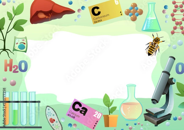 Fototapeta Biology objects with space for text. Image of science subjects. Study of living cells of plants, animals and humans. Isolated on white background. Vector