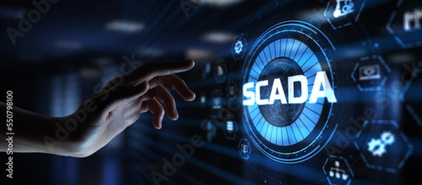 Obraz SCADA system Supervisory Control And Data Acquisition technology concept. Hand pressing button.