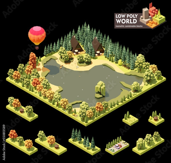 Fototapeta Vector isometric world map creation set. Combinable map elements. Lake resort. A-frame houses, on the shore of the lake, pine forest, gazebos and balloon, vacationers
