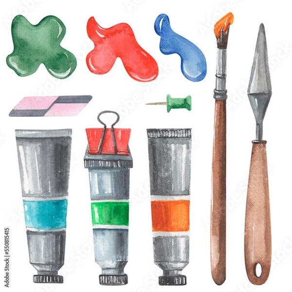 Fototapeta Watercolor hand-drawn painter's main tools. Isolated on white palette knife, brush and paints in tubes. 
