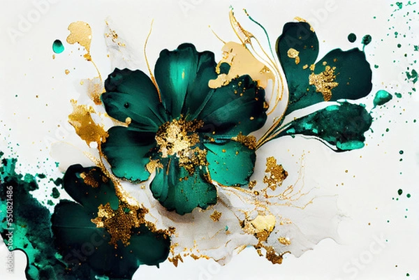 Obraz Kwiatowa konsystencja z abstrakcyjnym zielonym, białym, brokatowym i złotym tłem alkoholu