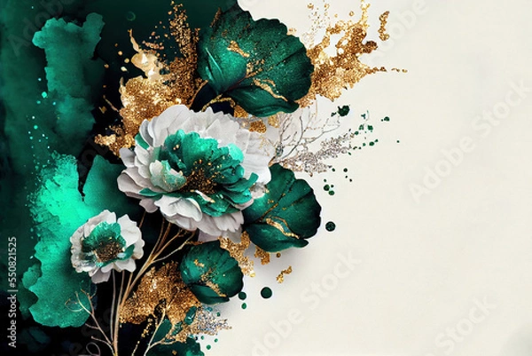 Obraz flower marble texture with abstract green, white, glitter and gold background alcohol ink colors	

