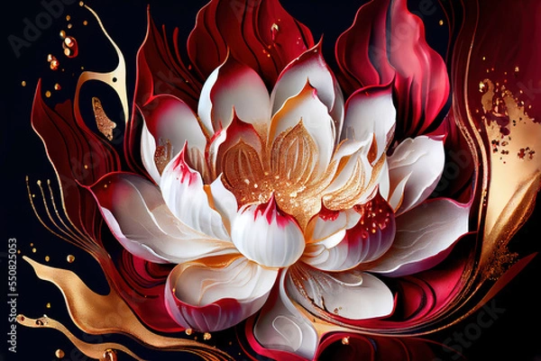 Obraz lotus marble texture with abstract red, white, glitter and gold background alcohol ink colors	
