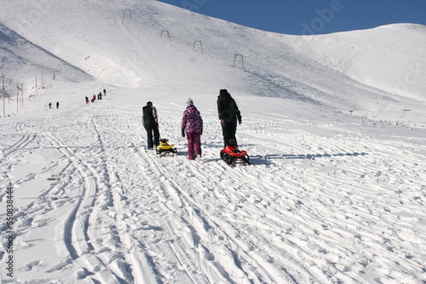 Fototapeta People are going for snow sleigh in ski resort, Falakro mountain, in the North of Greece