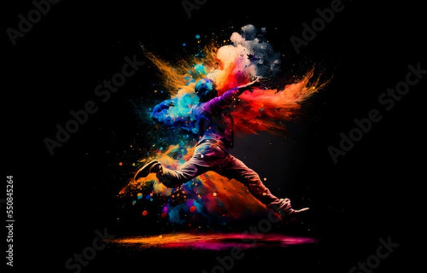 Fototapeta Man jumps in abstract multicolor paint explosion. Freeze motion man running through paint splash. Paint clouds with person silhouette on black background, Generative A illustration.