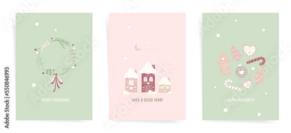 Fototapeta Set of  Merry Christmas and Happy New Year backgrounds, greeting cards, postcards, posters, holiday covers. Design templates with Christmas wreath, gingerbread, heart cookies, snowy house.