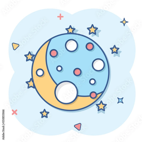 Fototapeta Planet in space in comic style. Moon and stars cartoon vector illustration on isolated background. Astronomy splash effect  sign business concept.