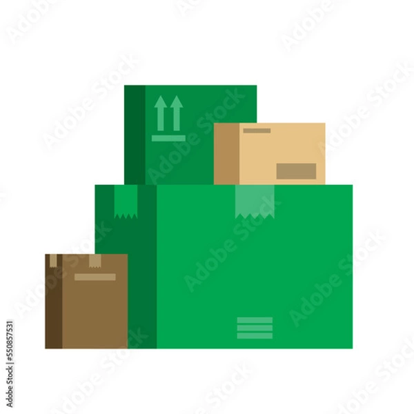 Fototapeta Pile of boxes. Package delivery. Various mail shipping boxes. Stockpile of goods. Sealed boxes ready for distribution. Shopping. Shipping gifts for holidays. Eco green and brown. Vector illustration.