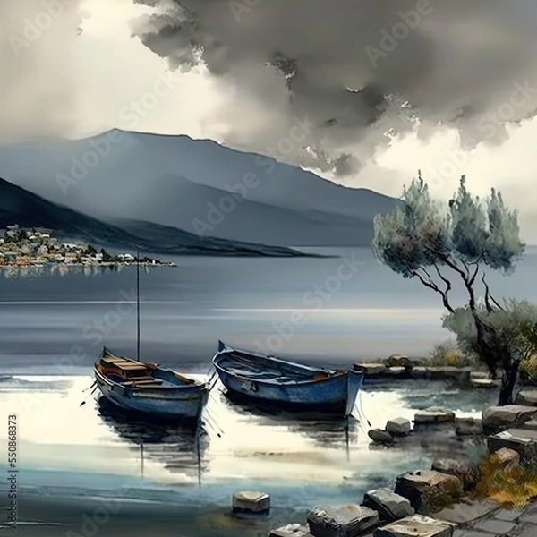 Obraz Painting of boats docked at sunset. Peaceful calming image. 