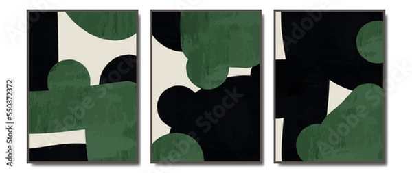 Fototapeta Set of abstract wall art templates. Modern design on a white background with black and green paint, line art and texture. Design for wall decoration, interior, prints, covers and postcards.