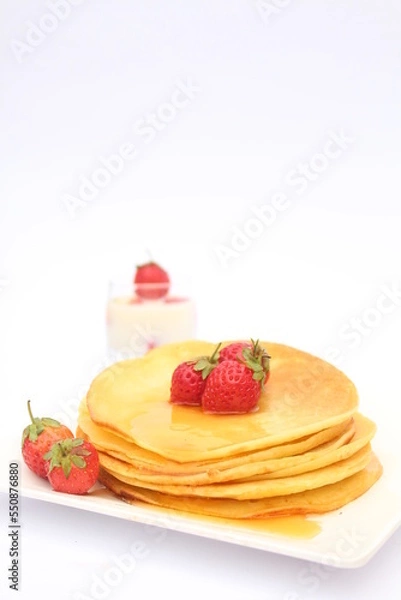Fototapeta Strawberry pancake with cream and chocolate