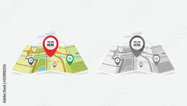 Fototapeta We are here Map pointers.Location pin set.GPS location symbol collection illustration with map