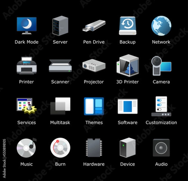 Obraz Computer icon pack. Dark theme. Desktop folder icons. New window customize shortcuts. Software app sign. Machine UI device symbol. Vector illustration.