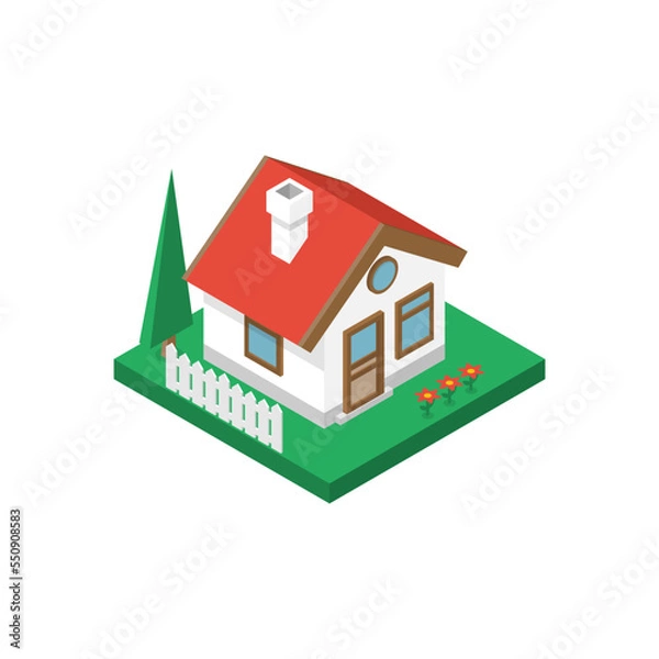 Fototapeta Isometric house on green ground isolated on white background. Around the house fence, flowers, tree. Small suburban cottage. Home property, construction concept. Vector illustration flat design.