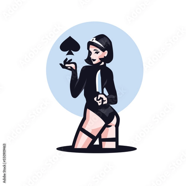 Fototapeta Queen Of Spades A woman with a diadem on her head holds the sign of Pike in one hand and a knife