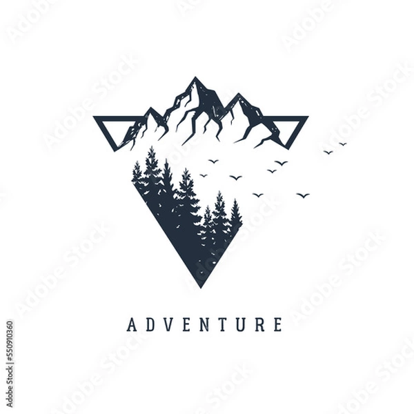 Fototapeta Hand drawn fir trees and mountains textured vector illustrations. Double exposure with pine forest, mountains and birds in a triangle with "Adventure" lettering. Geometric style.