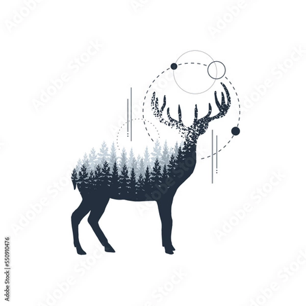 Fototapeta Hand drawn reindeer textured vector illustration. Double exposure with pine forest and circles around. Geometric style.