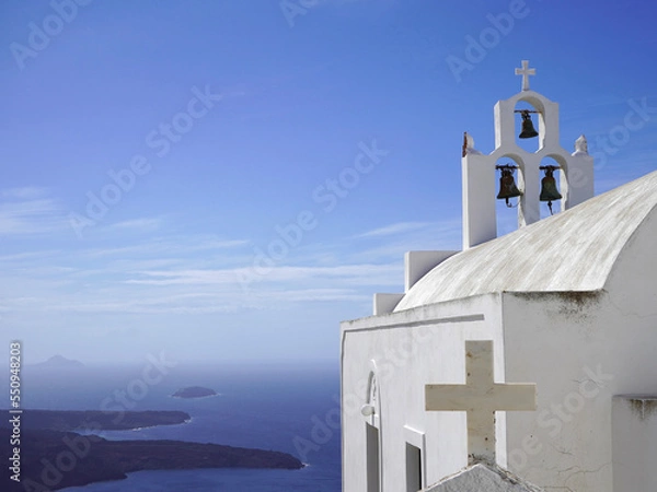 Obraz The Santorini church and view of the caldera, Greece