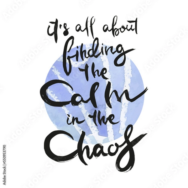 Fototapeta It Is All About Finding the Calm in the Chaos. Ink lettering art. Hand drawn lettering phrase. Modern brush calligraphy card. Illustration isolated on white background