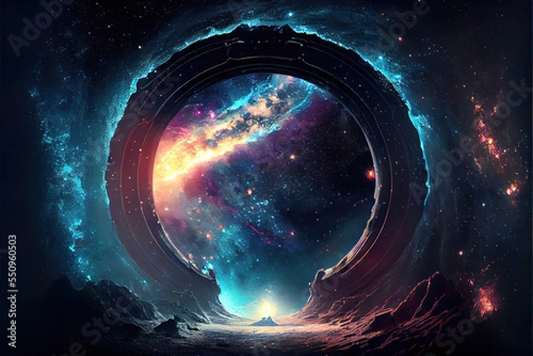 Fototapeta fantasy background with magical portal to another dimensin on alien planet in space