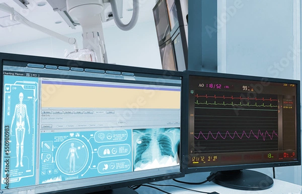 Fototapeta percutaneous coronary intervention (PCI)Cardiac Catheterization with Coronary Angiography on blurry Cardiac Catherization Lab Room. Medical healthcare and technology concept.